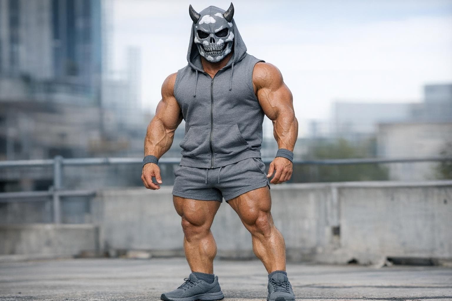 AI generated: A big muscular man wearing grey short shorts and a grey short with no sleeves and a hood  plus a gre...