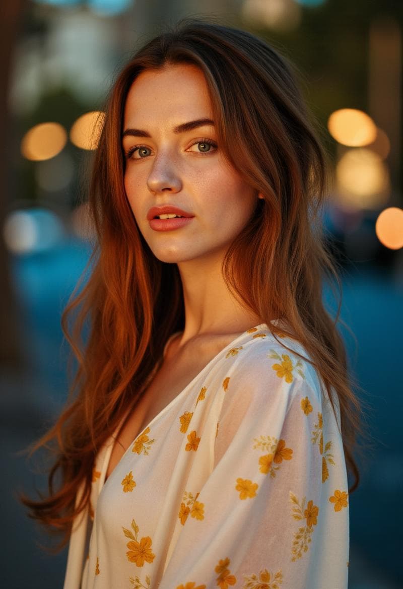 AI generated: A woman with long, messy bronze hair and light blue eyes, freckles, and a slight smile, wears a whit...