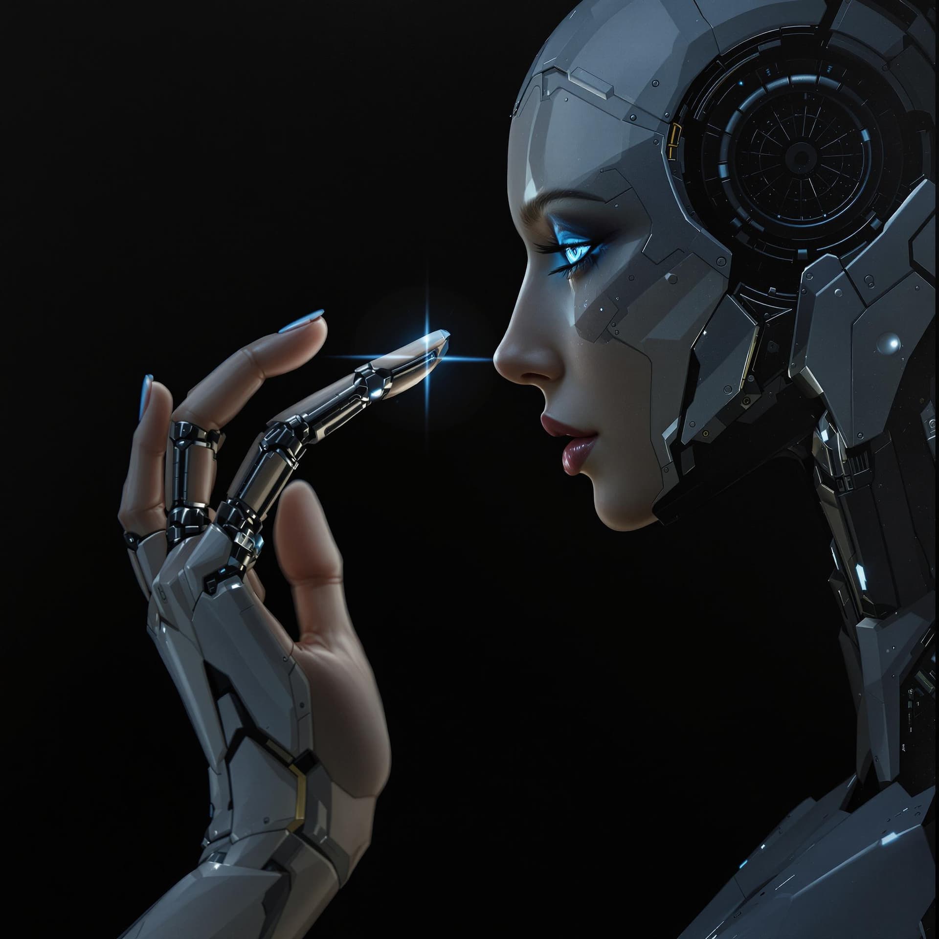 AI generated: A female hand reaching out to touch the finger of an advanced robot, detailed realistic painting in ...
