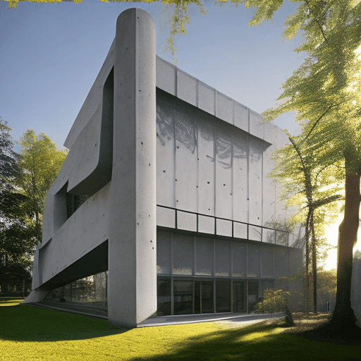 AI generated: museum, modernism architecture, concrete, forest, Direct Sunlight on facade, Photorealism --ar 16:9