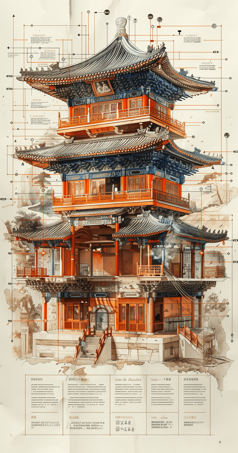 AI generated: A detailed crosssection of the ancient Chinese tower, showcasing its construction techniques and des...