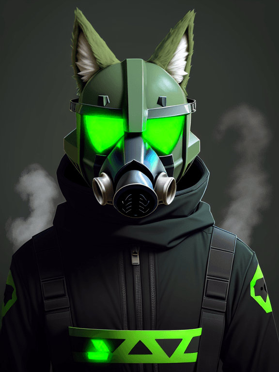 AI generated: mostly green Protogen headshot furry; simple black complete protogen gas reactor mask as visor; head...