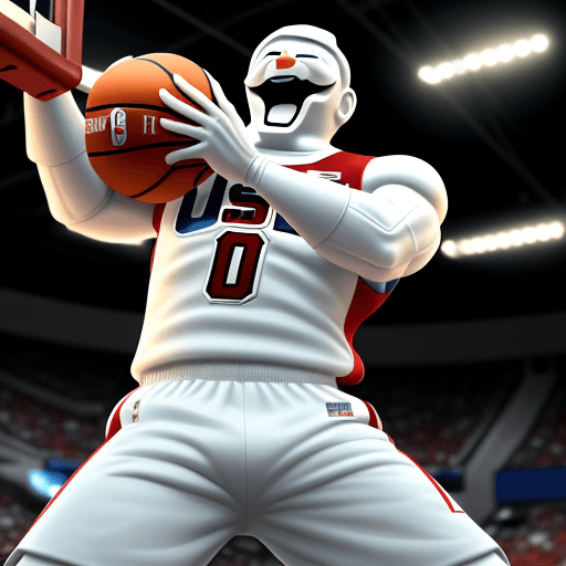 AI generated: snowman from marvel wearing the USA basketball uniform while doing a great dunk screaming, realistic...