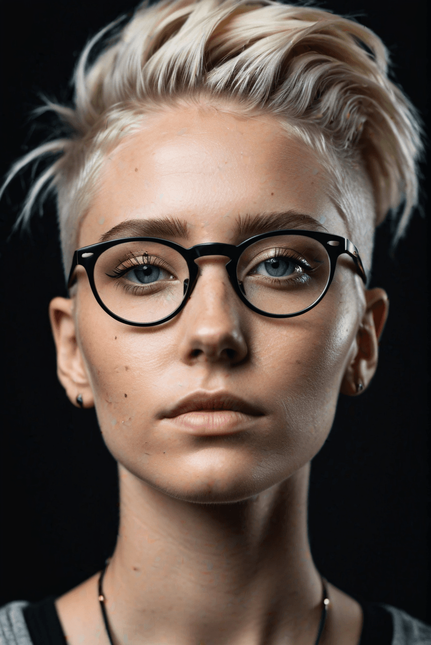 AI generated: a 20 yo swedish woman, blonde, (hi-top fade:1.3), nerd glasses, dark theme, soothing tones, muted co...