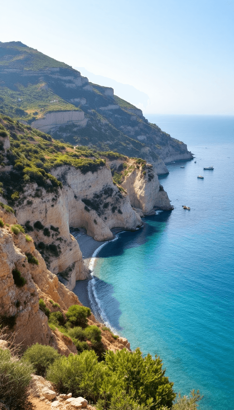 AI generated: A scenic view of the Crimean seaside: rolling hills with patches of green vegetation descending towa...