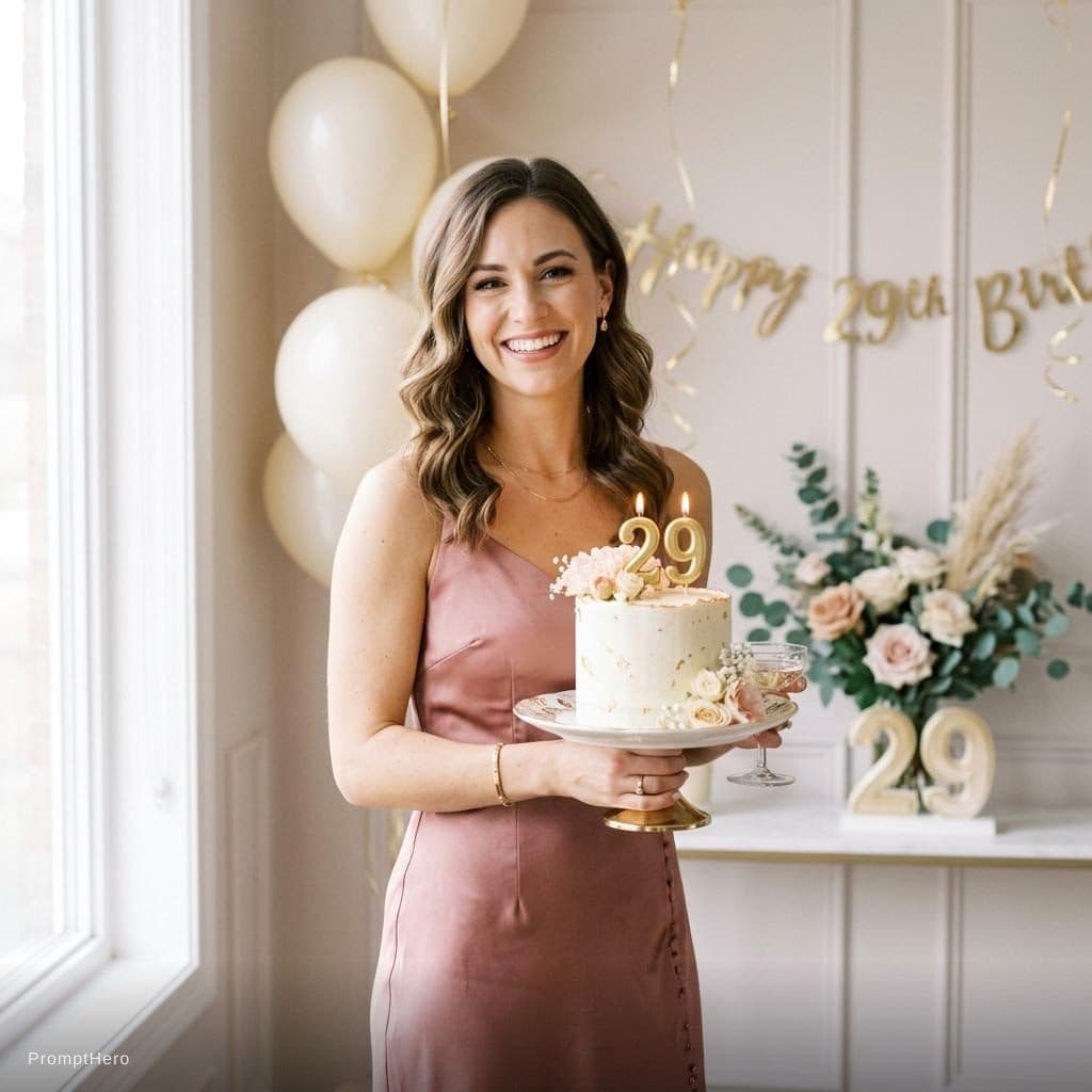 AI generated: Birthday photo of a woman celebrating her 29th birthday, smiling, elegant outfit, clean background, ...
