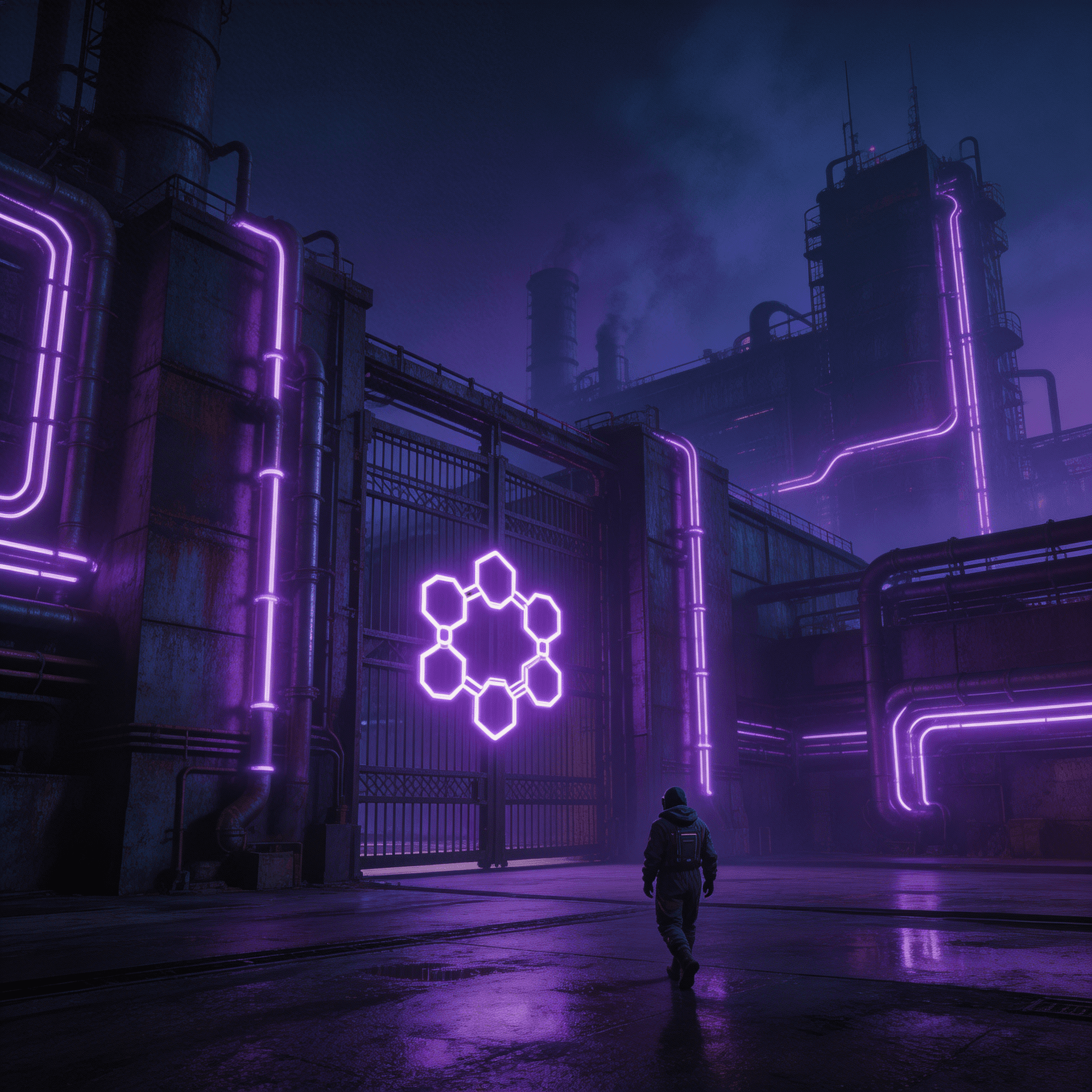 AI generated: "Dark futuristic industrial zone, a lone worker arriving at a massive blockchain factory gate, deep ...