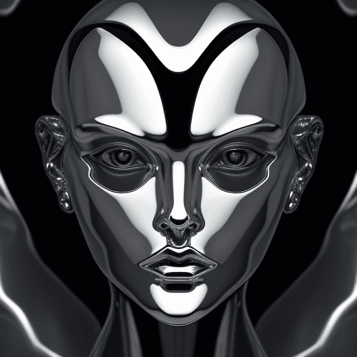 AI generated: highly reflective, polished metal humanoid face, distorted and twisted into abstract shapes, reflect...