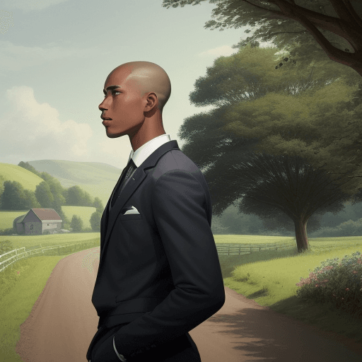 AI generated: a young black man in his thirties with a cleanly shaven head, set in a serene countryside backdrop. ...