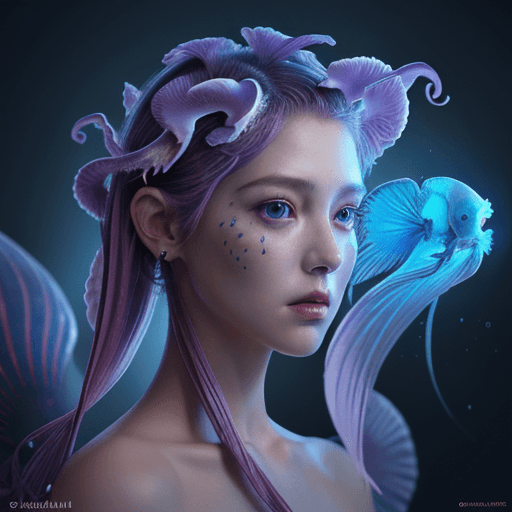 AI generated: Goddess close-up portrait ribcagel. jellyfish phoenix head, nautilus, orchid, skull, betta fish, bio...