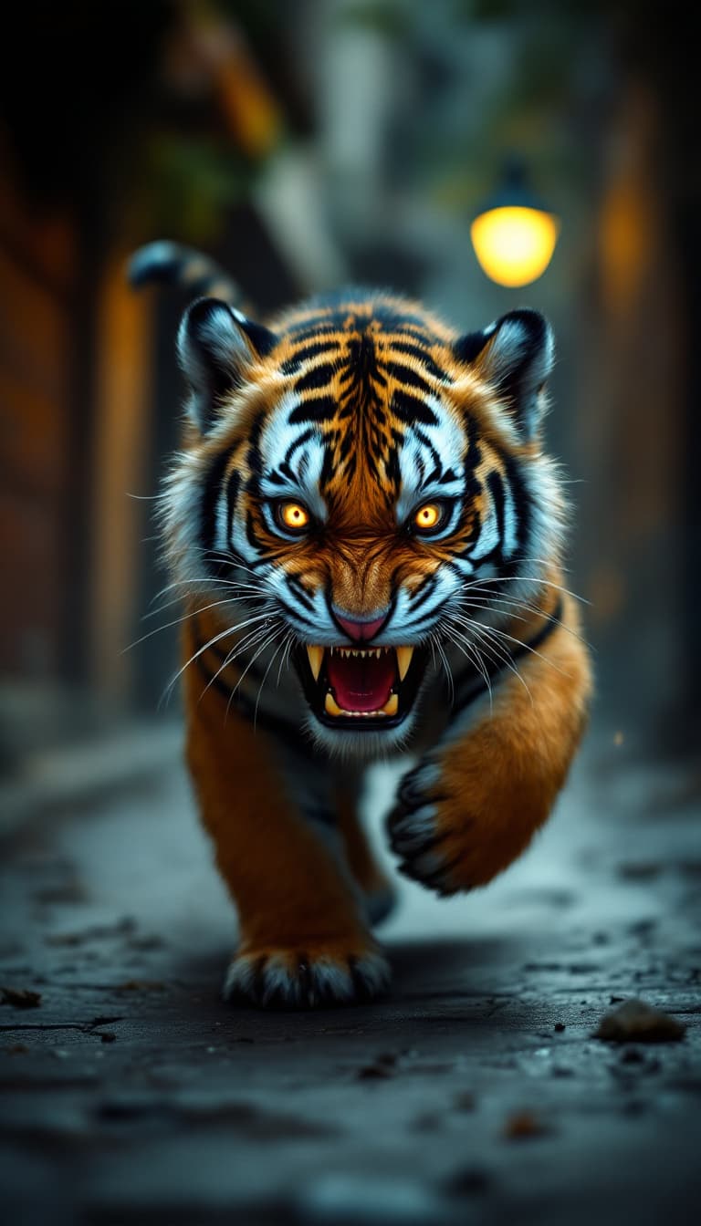AI generated: a monster baby tiger cub running and growl , streets of jerusalem, eyes are orange fire, vampire tee...