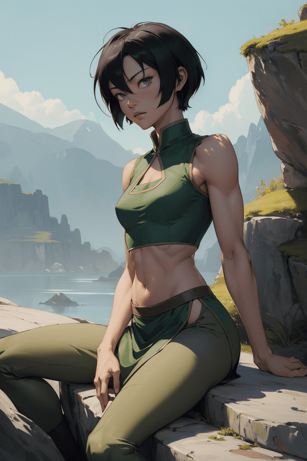 AI generated: Toph Beifong, Avatar, blind, ((narrow waist), (wide hips), flat chest), (sitting on a rock with legs...