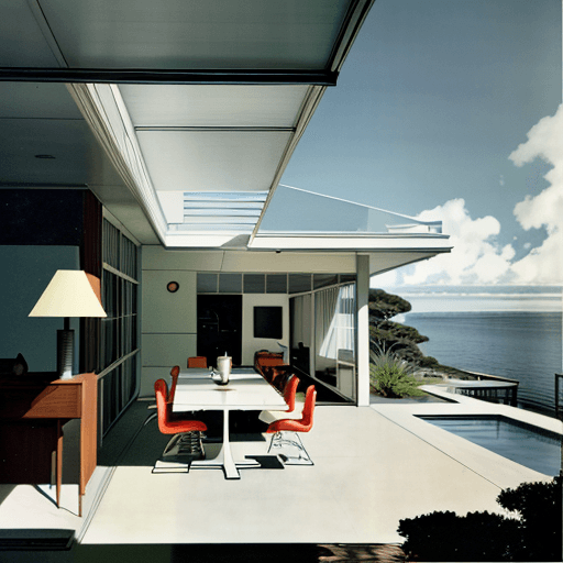 AI generated: Hyper realistic eye level exterior photo of a mid century modern style house overlooking the ocean, ...