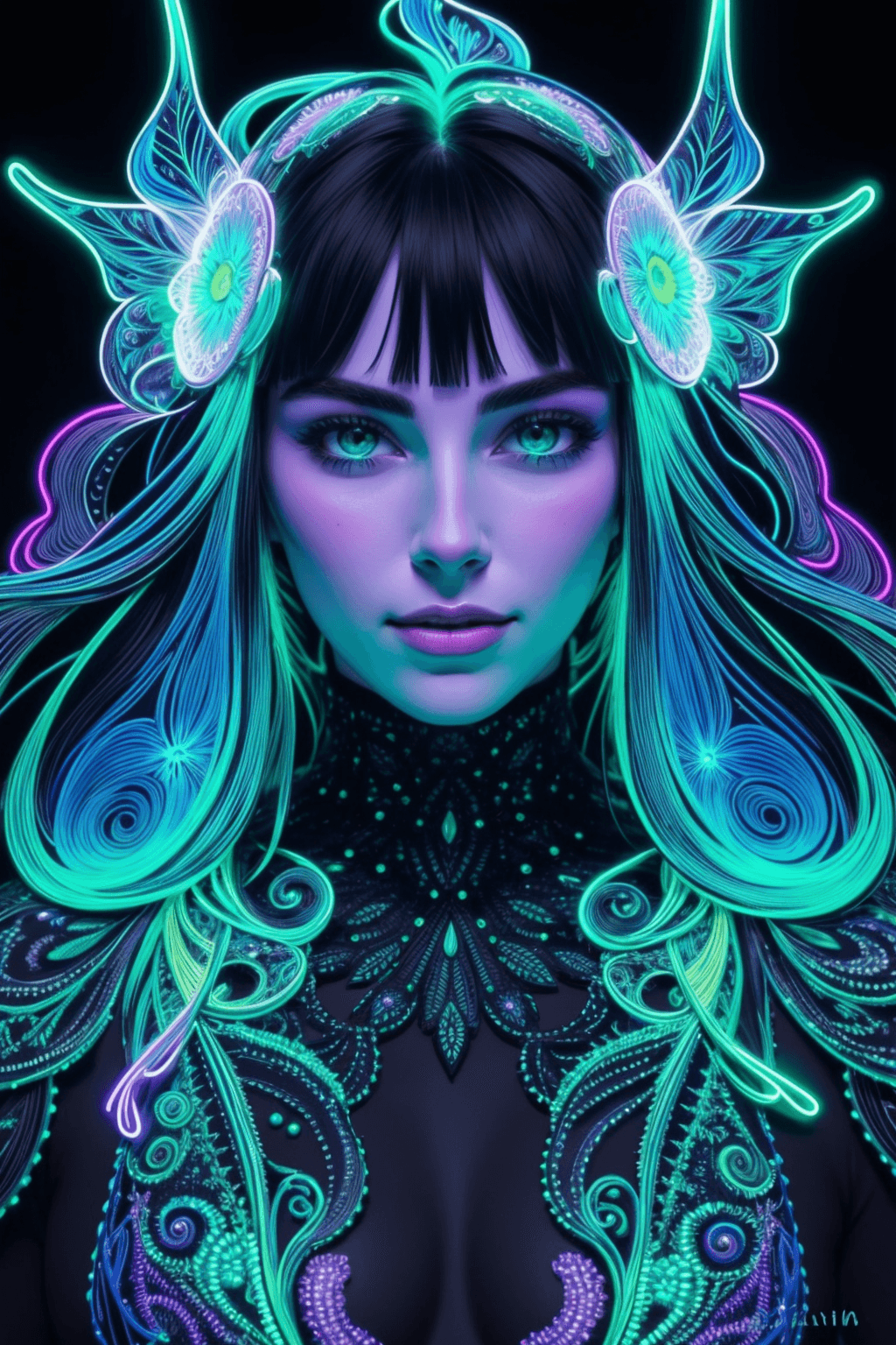 AI generated: psychedelic overload covered in intricate neon bioluminescent filigree, black backdrop background, d...