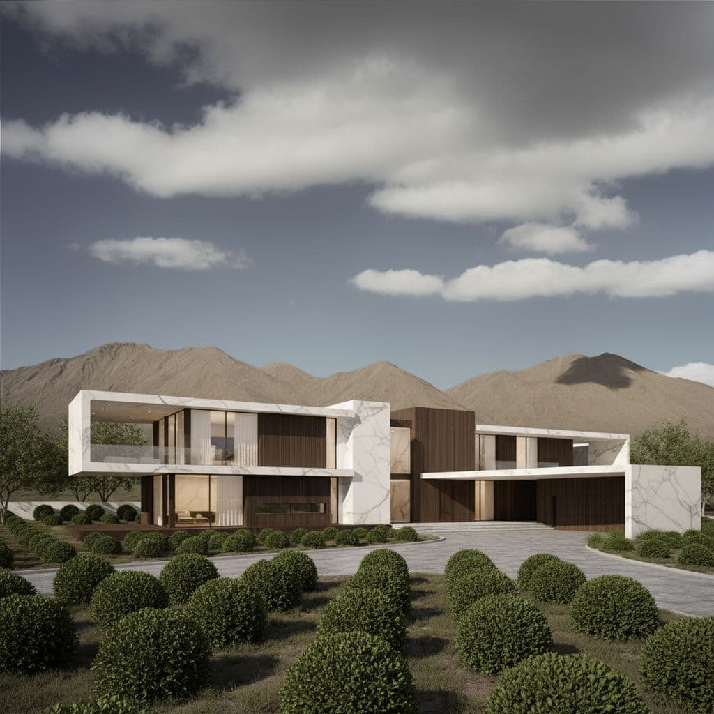 AI generated: Modern, contemporary, multi-story house with geometric design,  light-toned marble and dark wood acc...