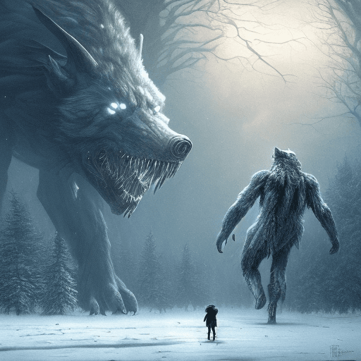 AI generated: Starvation black monster 10 wolves with red eyes, fight in the ice age Scenery, : concept art::1 cyb...