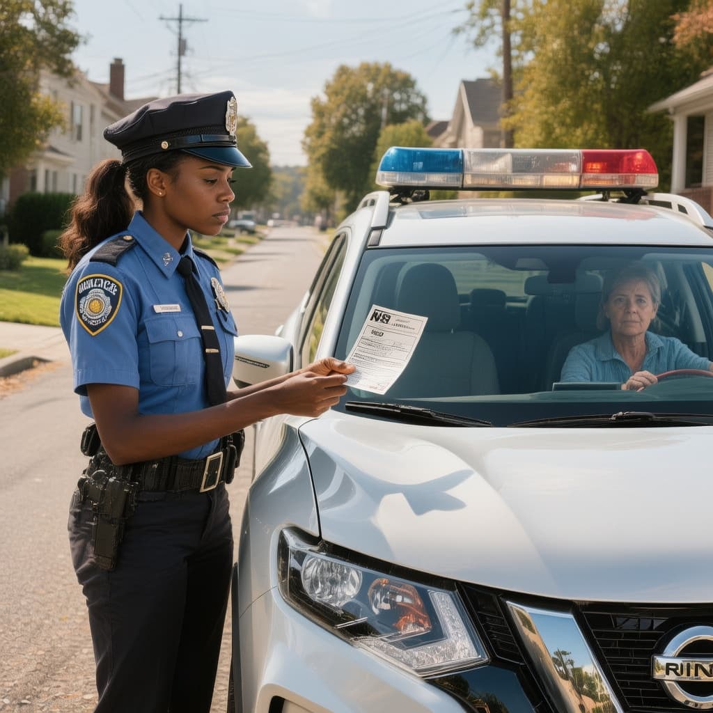 AI generated: hyper-realistic photo of a dark-skinned female police officer in uniform standing next to a Nissan R...
