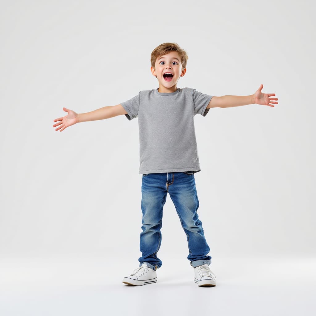 AI generated: A realistic 4D full-length photograph of an excited 5 year old boy standing in t-pose in jeans and s...