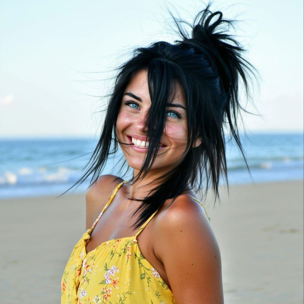 AI generated: Create an HDR photo of a woman. The woman has long, messy black hair pulled back and light blue eyes...