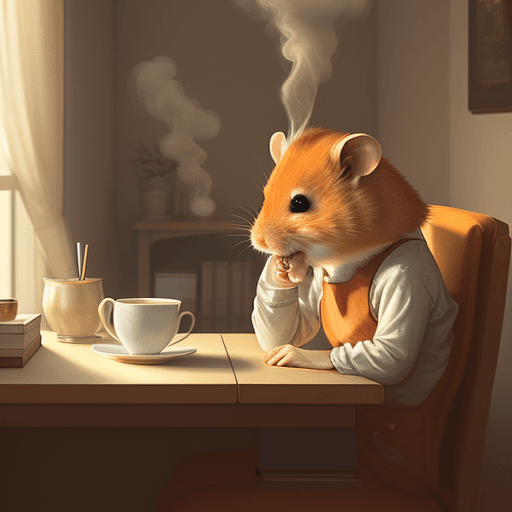 AI generated: ginger hamster sitting at a desk, drinking from a steaming cup of tea.
Warm lighting, calm mood. war...