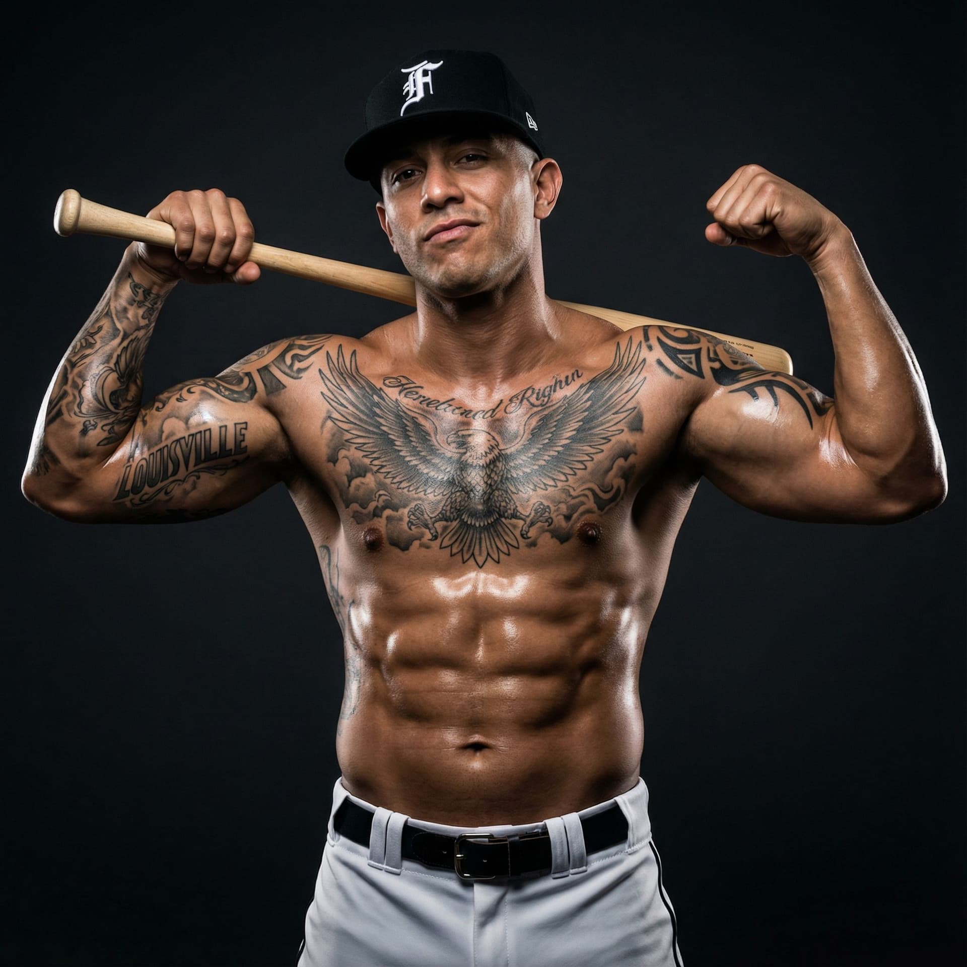 AI generated: Hyper-realistic modern fitness/model studio portrait of a heavily tattooed, muscular Latino or mixed...