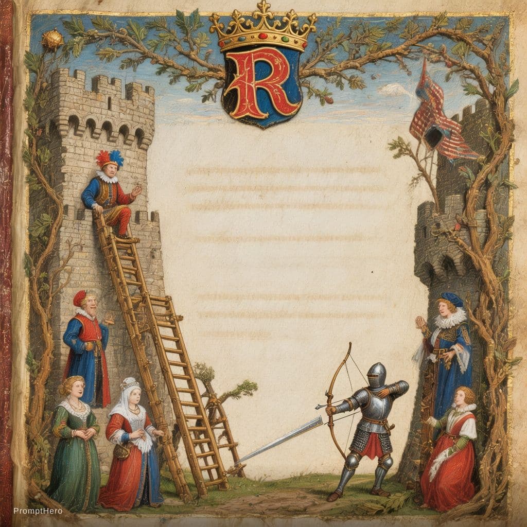 AI generated: A 14th century codex style picture, framed in mixed media, with very small figures in various poses,...