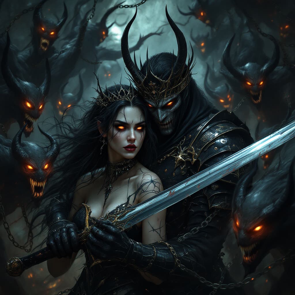 AI generated: A demonic woman and her man fighting demons with glowing eyes in the night. they are surrounded by t...