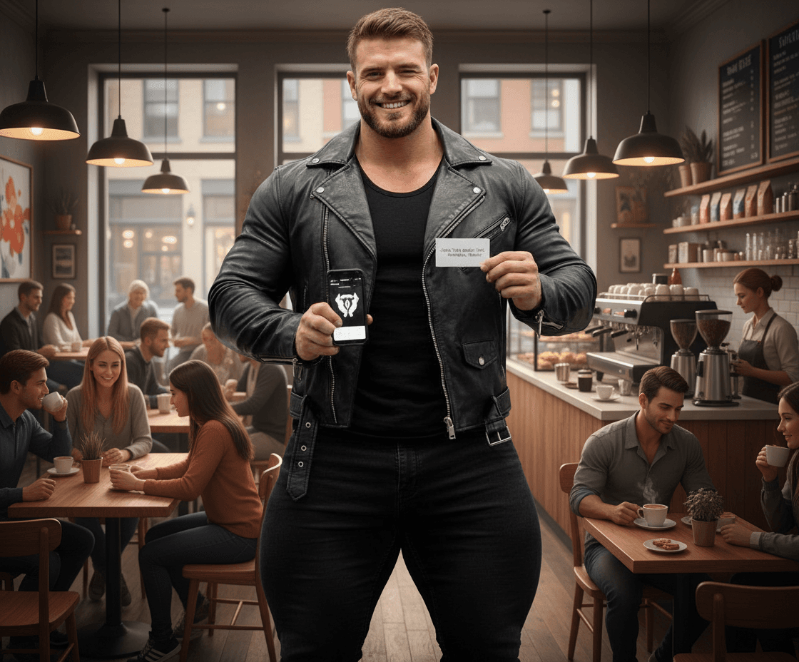 AI generated: Bodybuilder is perfect! Make the background a warm, nice coffee shop with customers sipping coffee a...