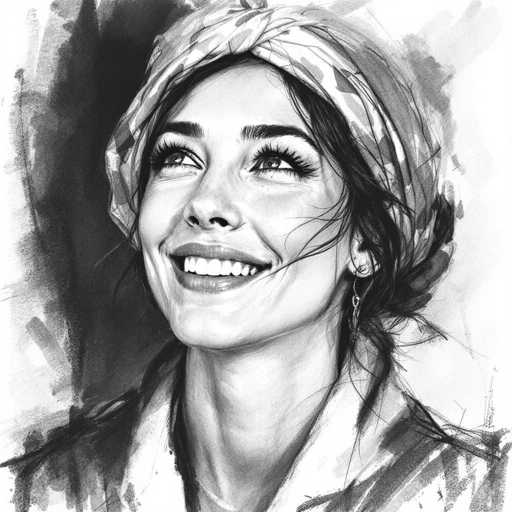 AI generated: Attractive woman, 30s, charcoal sketch, expressive, looking slightly up, wearing a little scarf on h...