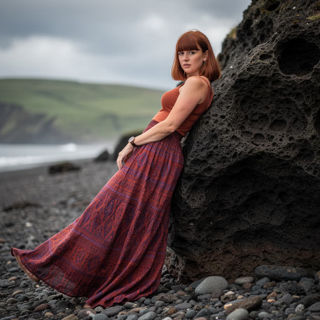 AI generated: A photorealistic outdoor gravure portrait of a beautiful with shoulder-length auburn hair and bangs....