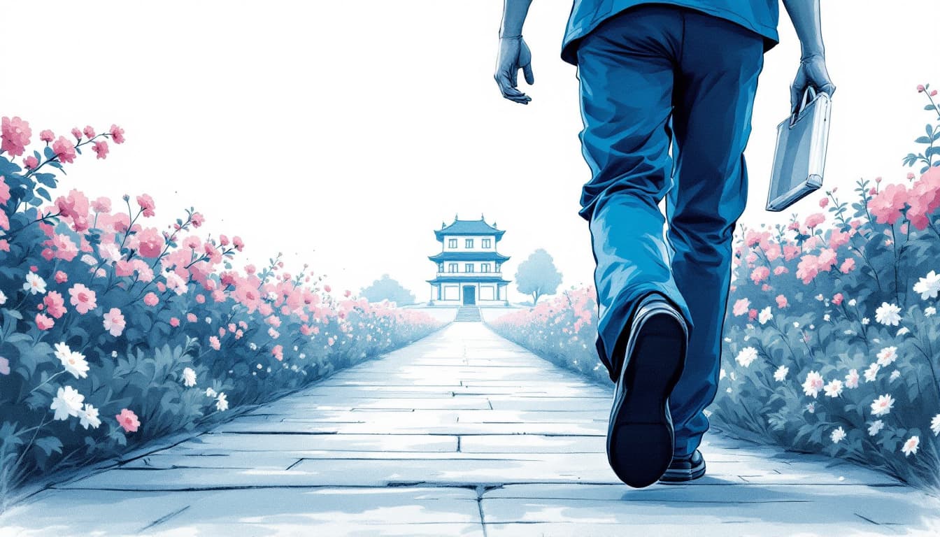 AI generated: close-up of the lower back view of a person in a blue work uniform walking on a path, one foot sligh...