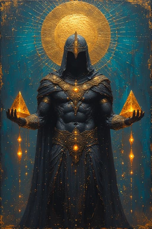 AI generated: Divine dark warrior standing under a radiant golden sun, holding glowing crystal pyramids in both ha...