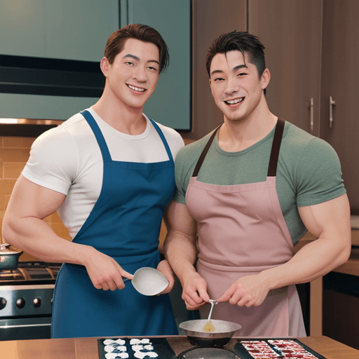 AI generated: two handsome muscle guys cooking in the kitchen, board game cover, cute, art by studio ghibli