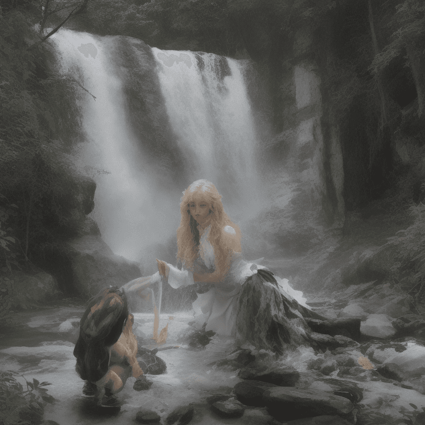 AI generated: In a serene and idyllic setting, a woman kneels down to pet a bunny by a majestic waterfall. Her lon...