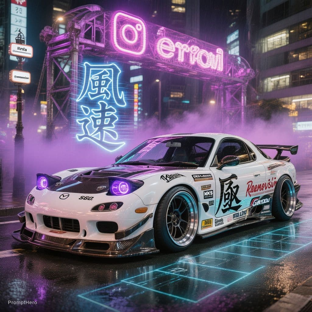 AI generated: Mazda RX-7 GT-X (FC) '90, white metallic paint, full custom widebody kit with forged carbon fiber ho...