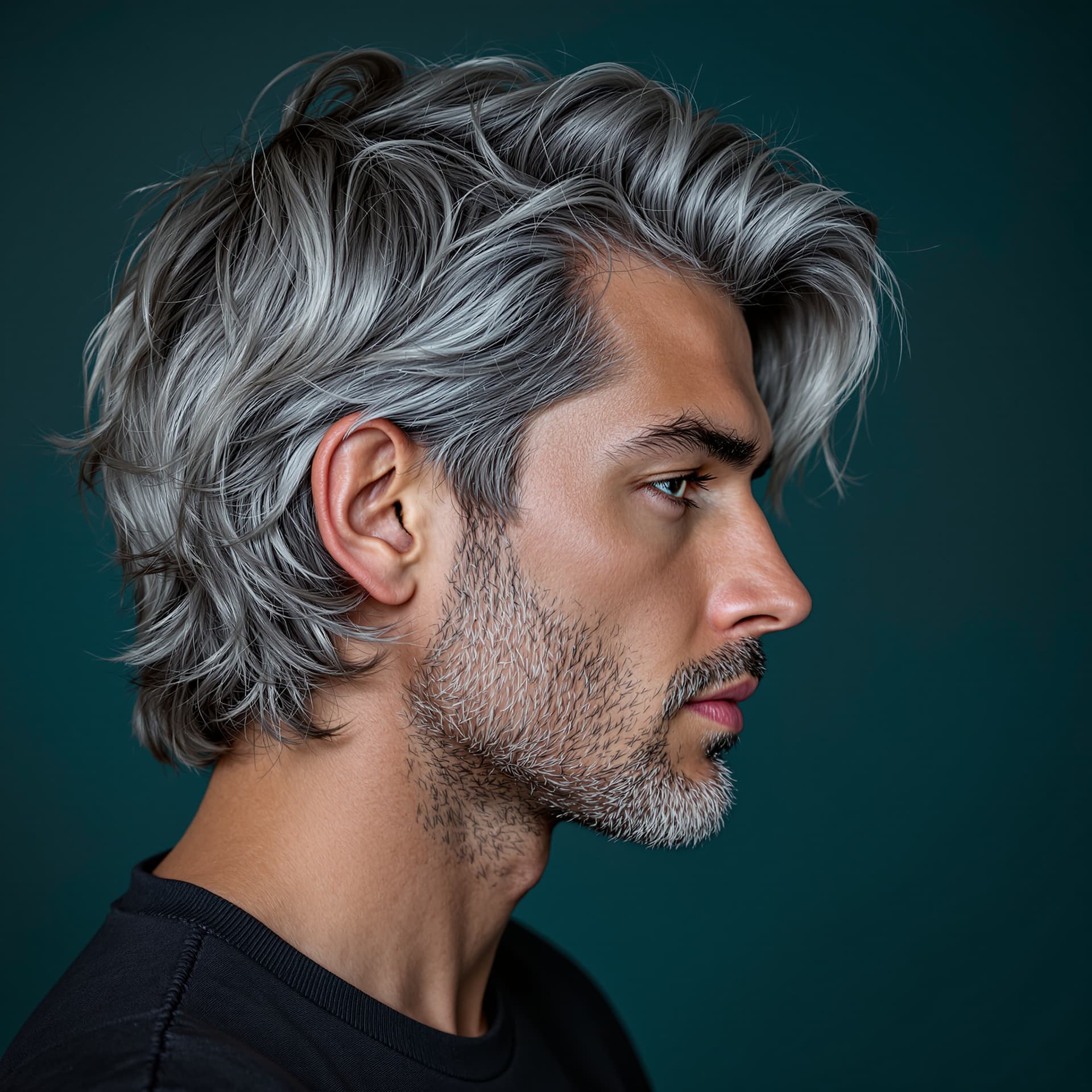 AI generated: photography, side view, man with wavy shoulder-length hair style, ash gray hair color, high-end groo...