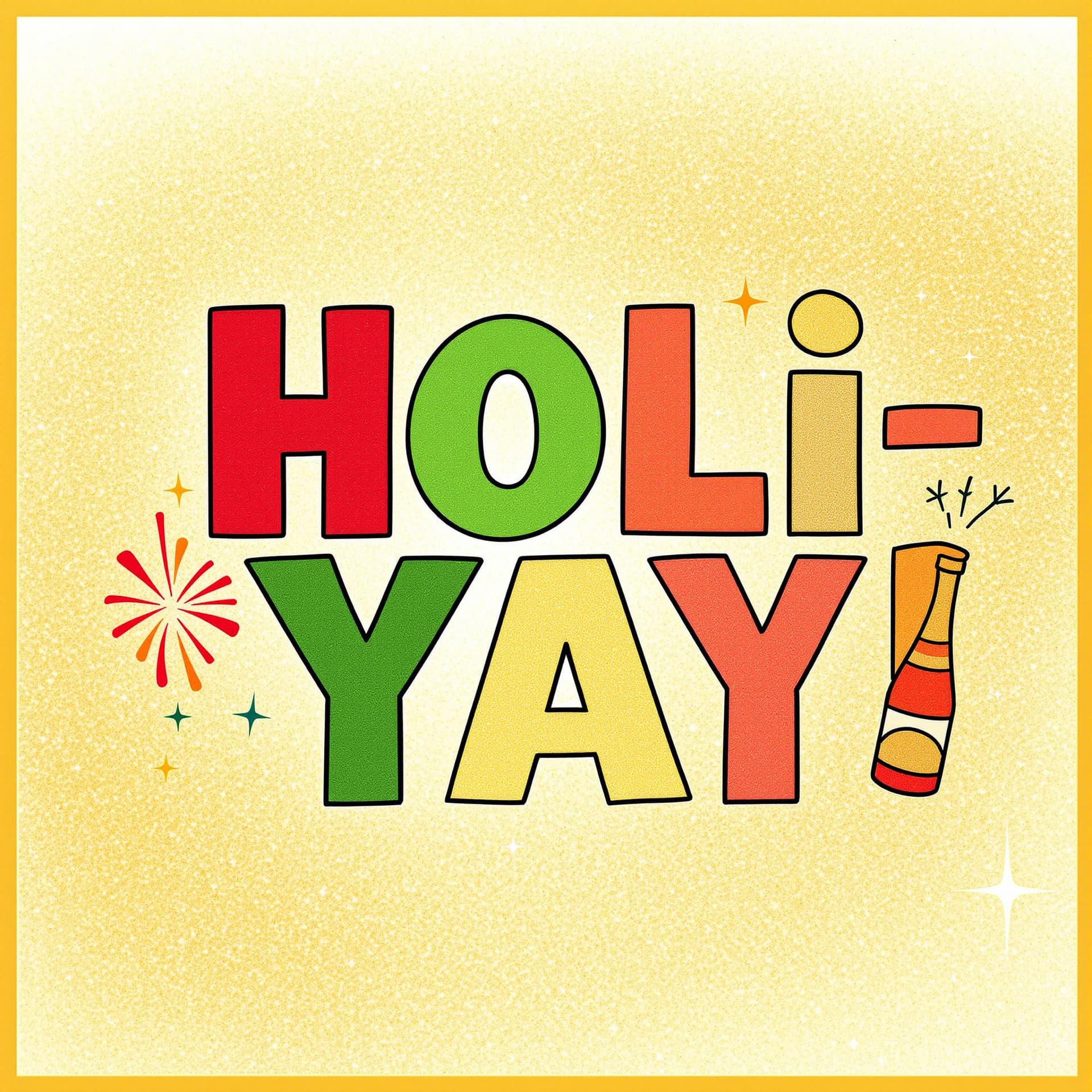 AI generated: "Holi-YAY!"
Font: Bold, block letters in alternating festive colors (red, green, and gold).
Graphic:...
