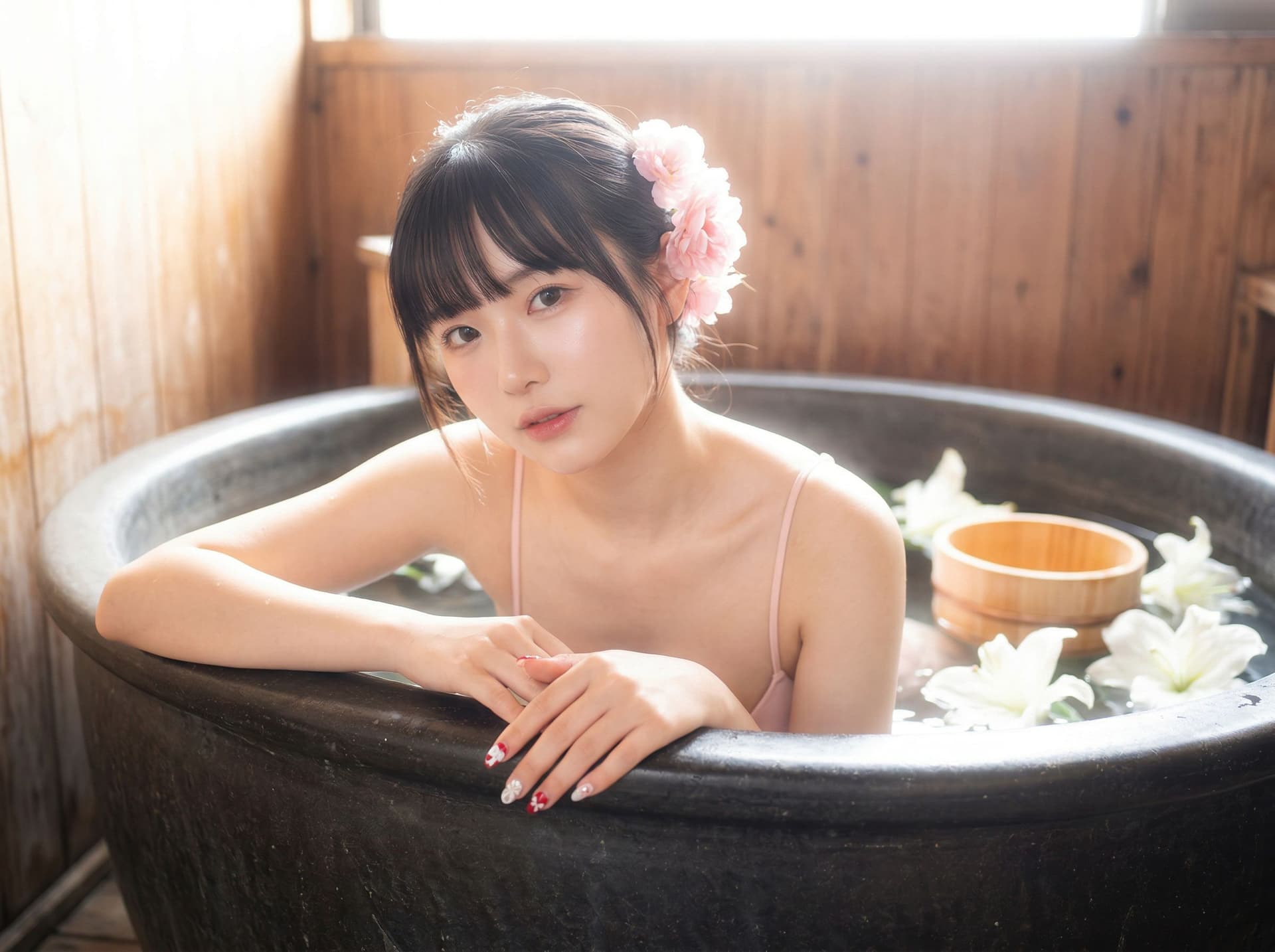 AI generated: A high-quality, photorealistic portrait of a beautiful young Asian woman soaking in a large, dark ru...