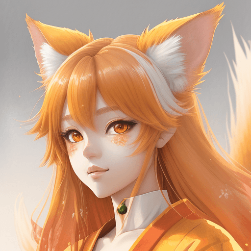 AI generated: Headshot of an anime playful kitsune girl wearing golden-brown and vibrant orange robes with fluffy ...