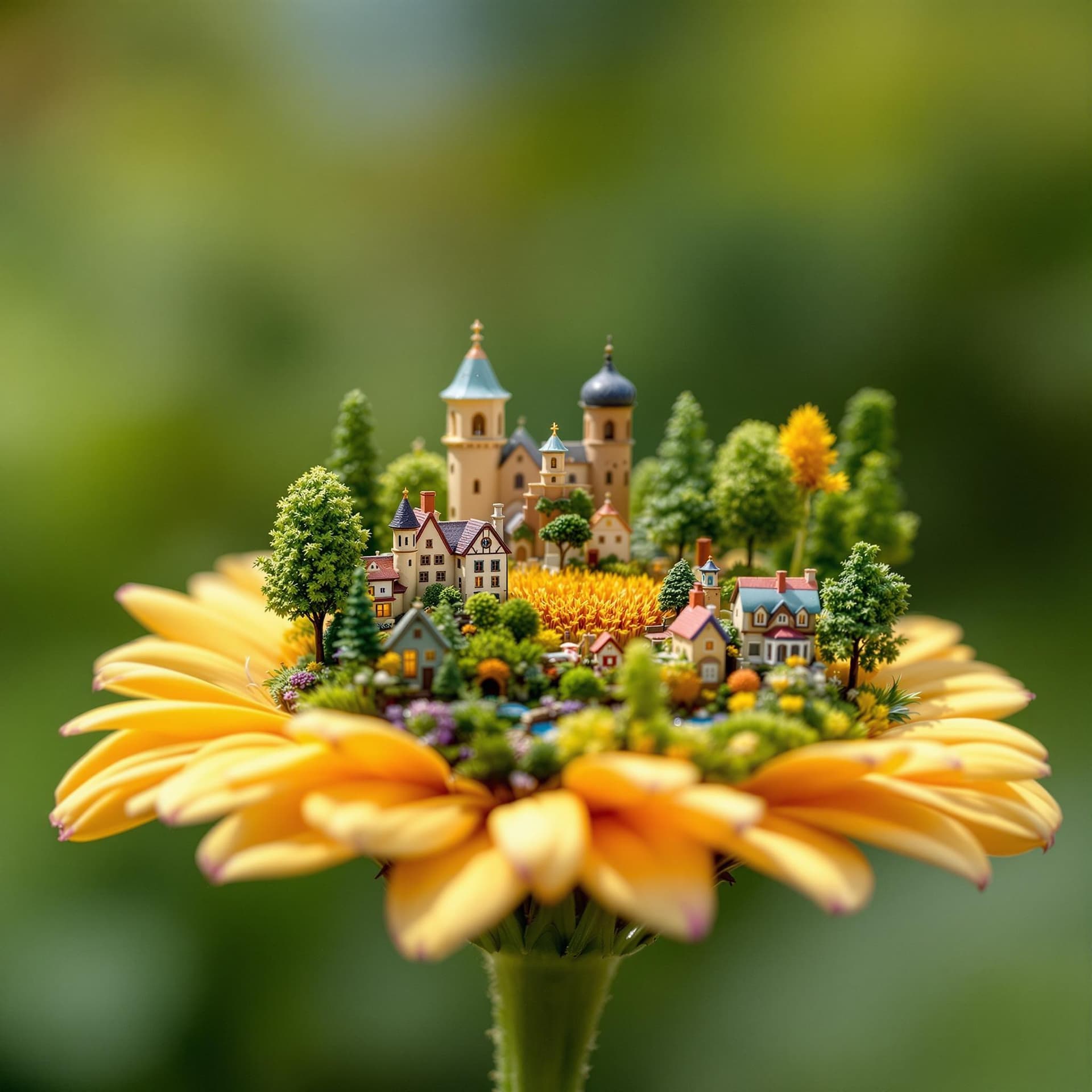 AI generated: macro photography of a miniature little village on top of a flower