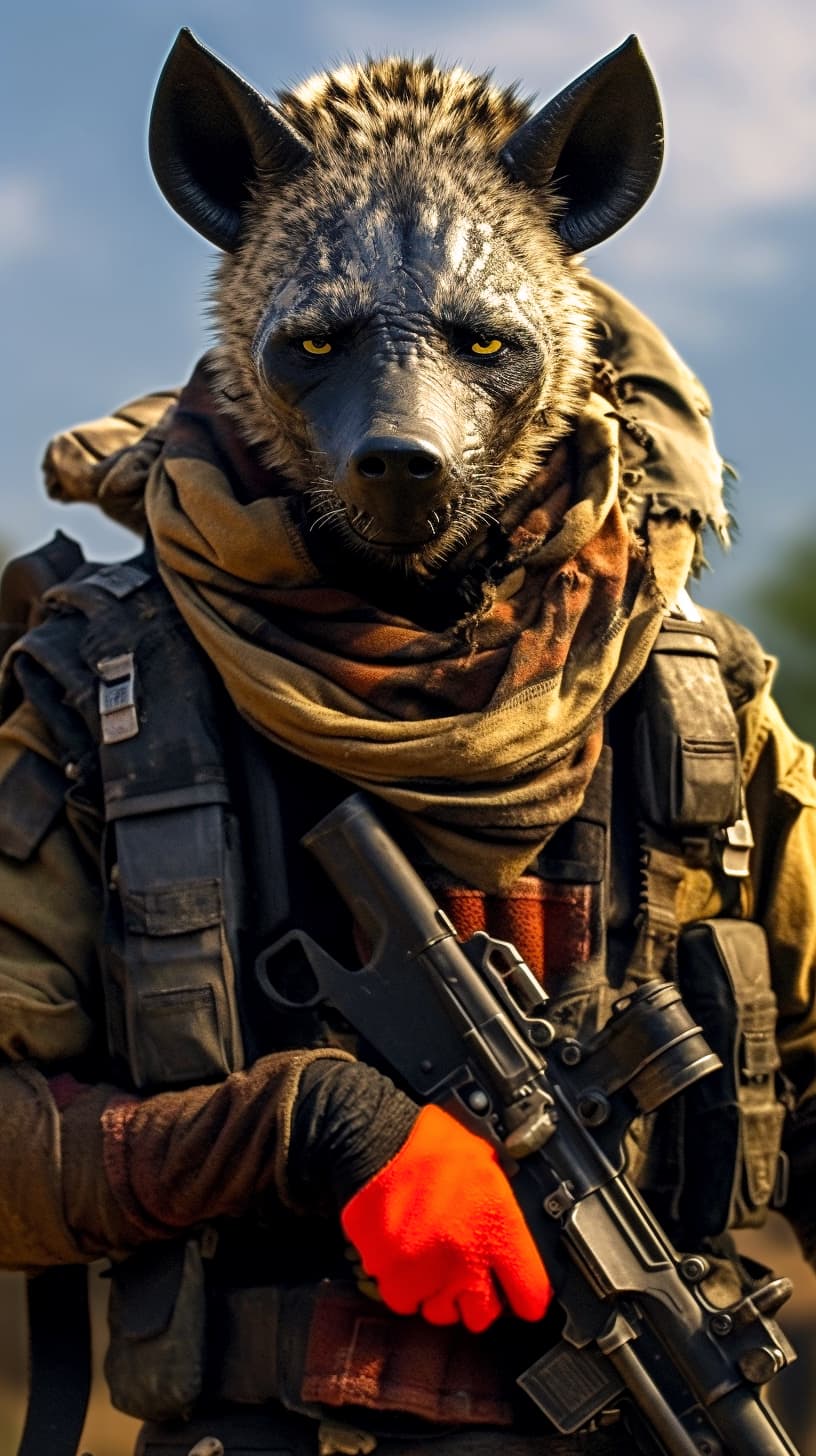 AI generated: A menacing hyena terrorist wearing rag-tag attire, holding a customized rifle, anthropomorphic, supe...