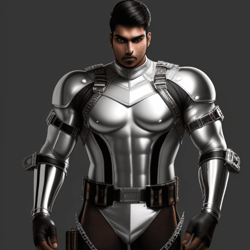 AI generated:  indian male age 26, broad shouldered, very muscular, 2 meters tall , chrome metal  skin tight body ...
