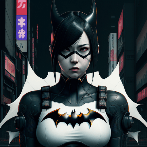 AI generated: Large white border all round. Overlay Japanese type. A poster with of batgirl in tokyo, cyberpunk ar...