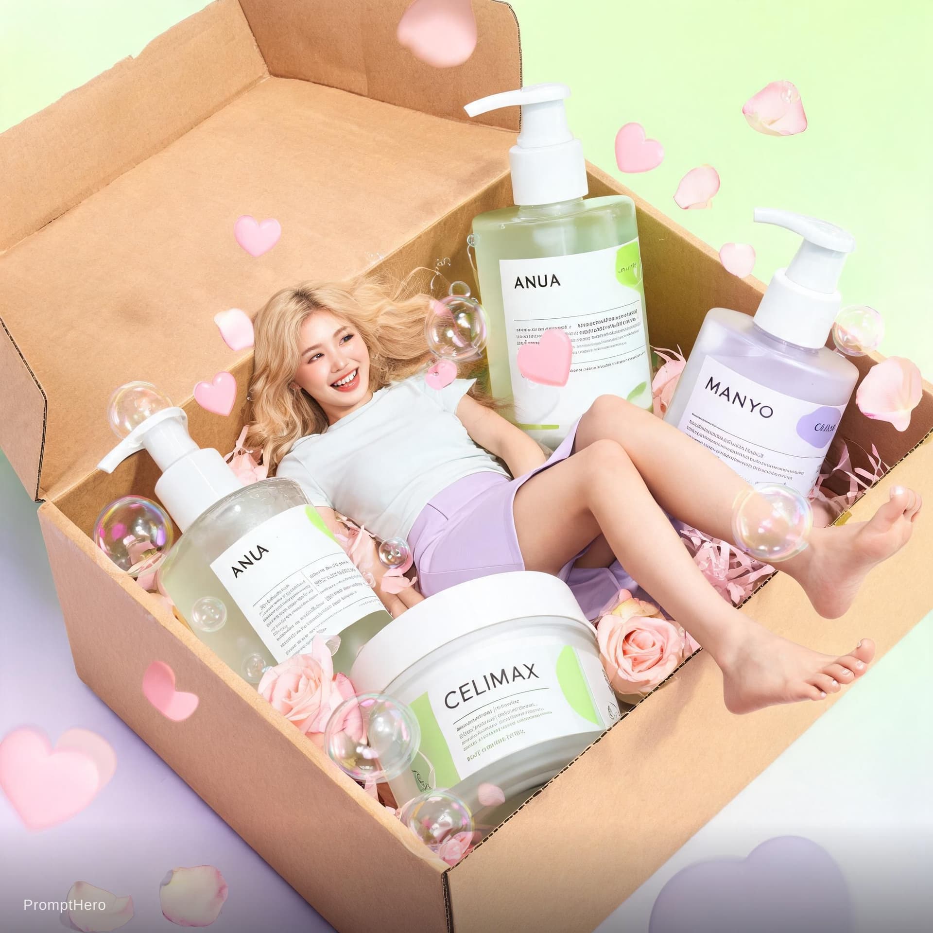 AI generated: A joyful blonde woman lying inside a cardboard gift box with an open flipped lid. Camera angle from ...