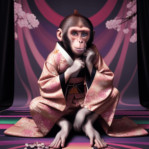 AI generated: Vogue Magazine Cover, [monkey] in a candid pose wearing [kimono], [full body] photoshoot, Magazine p...