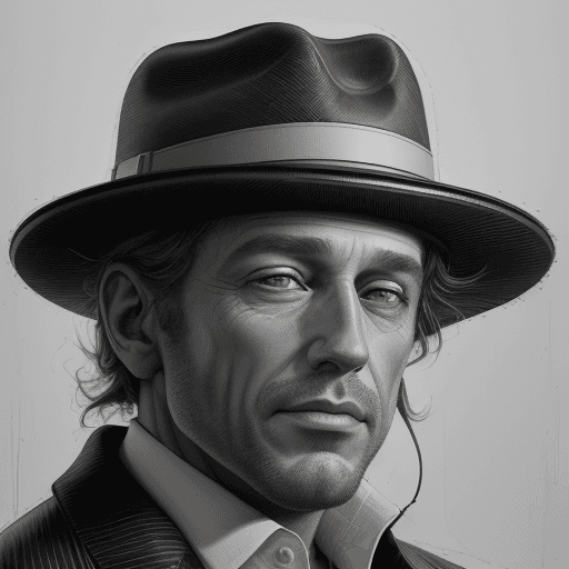 AI generated: portrait of a 50 year old man with borsalino 
hat, hyper realistic, 
black and white drawing, digita...