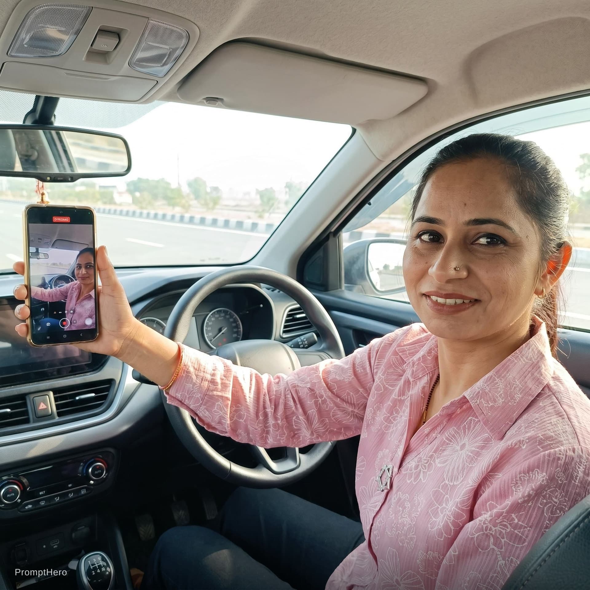 AI generated: this woman, but inside the car in the driver's seat, recording herself in selfie mode
