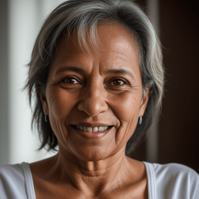 AI generated: hyper realistic headshot photo of a 50 year old brasilian (woman 1.5), looking into the camera, smil...