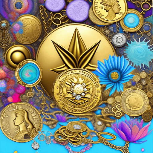 AI generated: digitally creative psychedelic collage, super large lily flower, extra large american gold coin, ste...