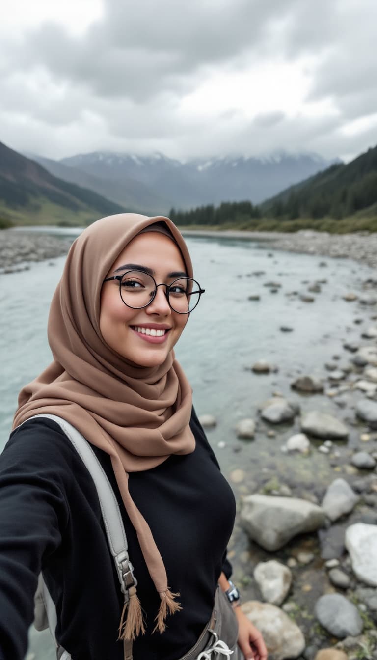 AI generated: women taking a selfie ,glasses, hijab, wearing a black off shirt, muslimah pants, sneakers,,river,mo...